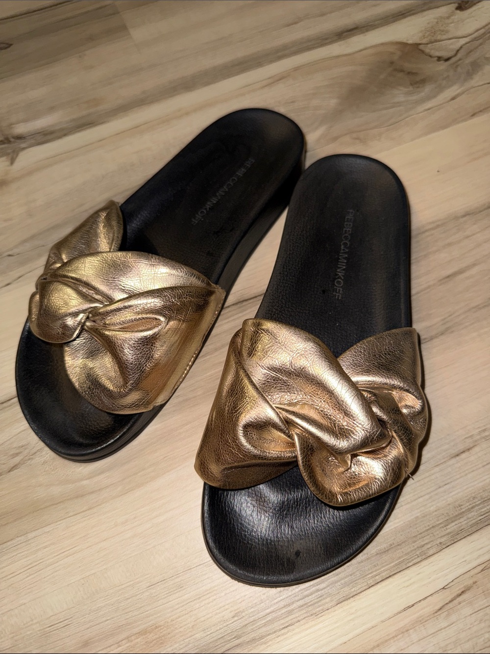 Rebecca Minkoff Metallic Gold Knotted Slide Sandals